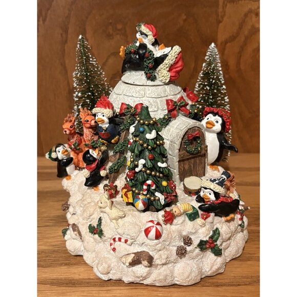 San Francisco Music Box Co. Christmas Penguins Fun In Snow Igloo Vintage Works! - Picture 1 of 9
